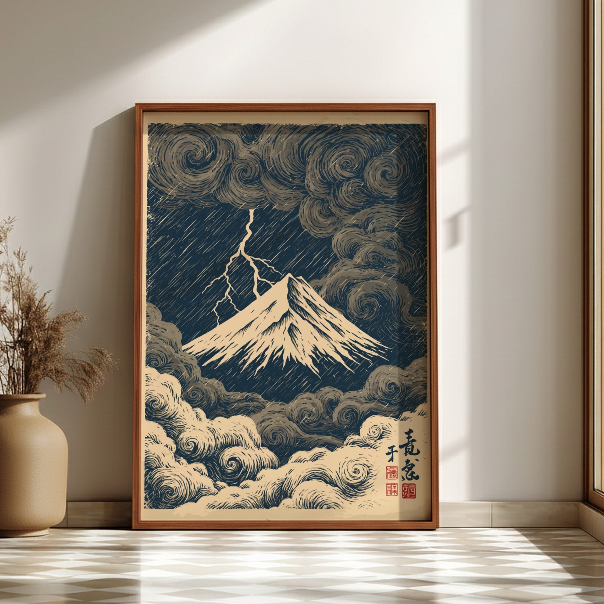 Japanese art style poster of Mount Fuji during a storm with lightning and dark clouds.
