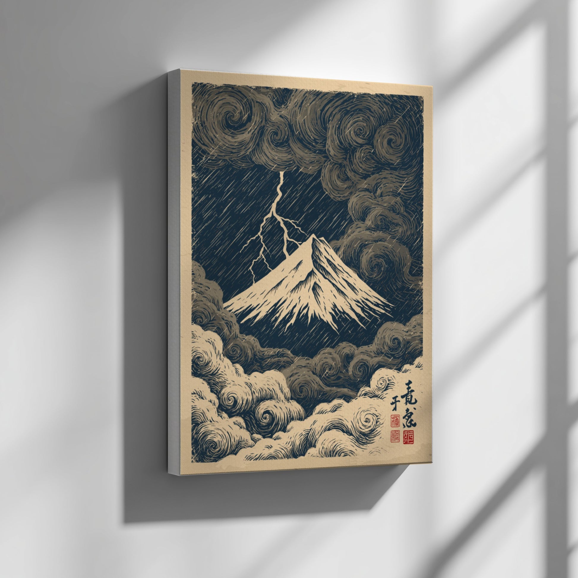 Japanese art style poster of Mount Fuji during a storm with lightning and dark clouds.