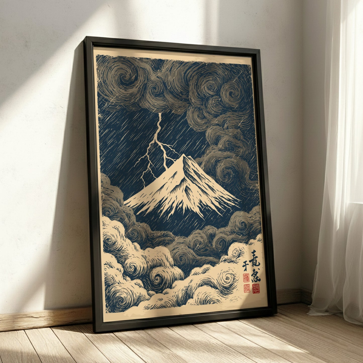 Japanese art style poster of Mount Fuji during a storm with lightning and dark clouds.