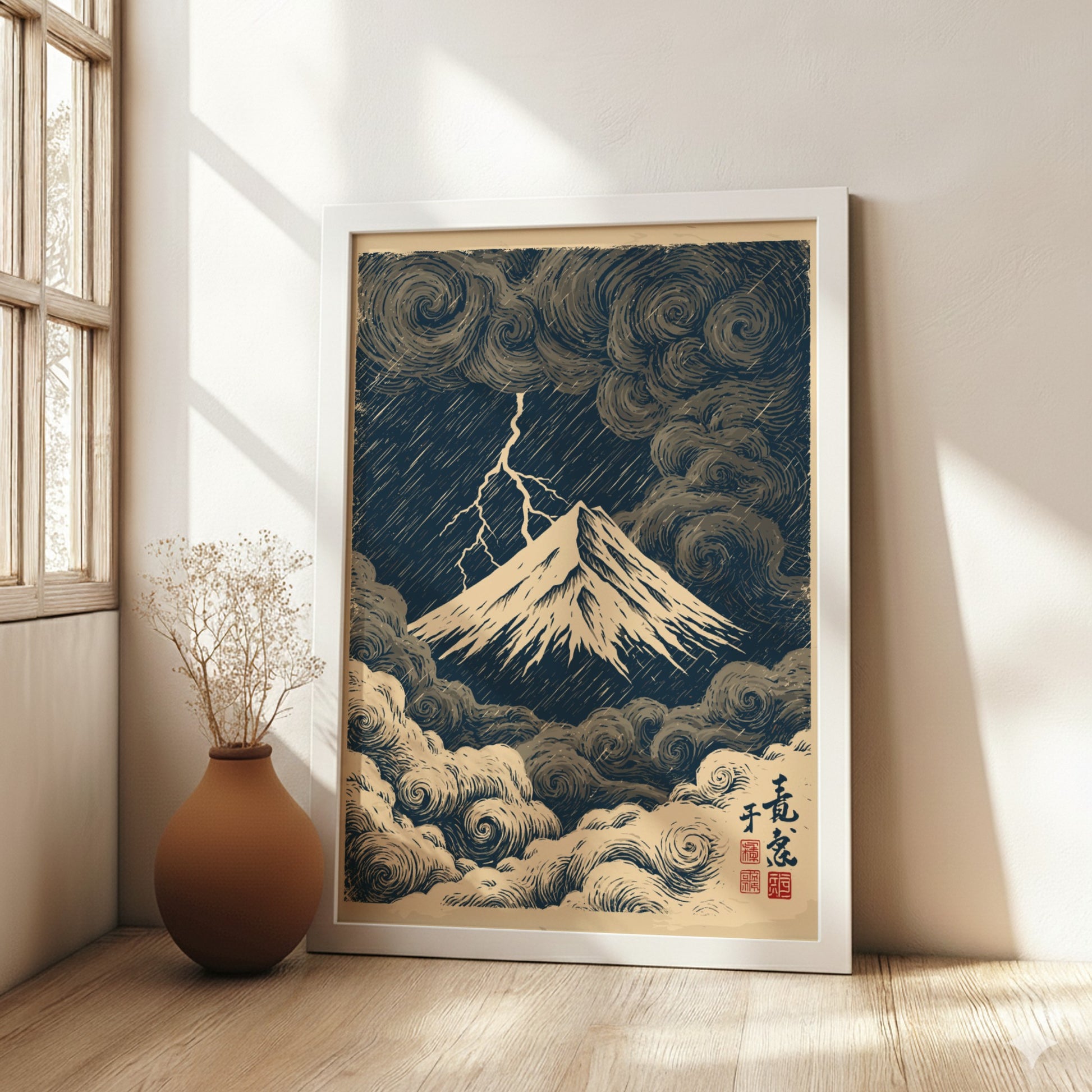 Japanese art style poster of Mount Fuji during a storm with lightning and dark clouds.