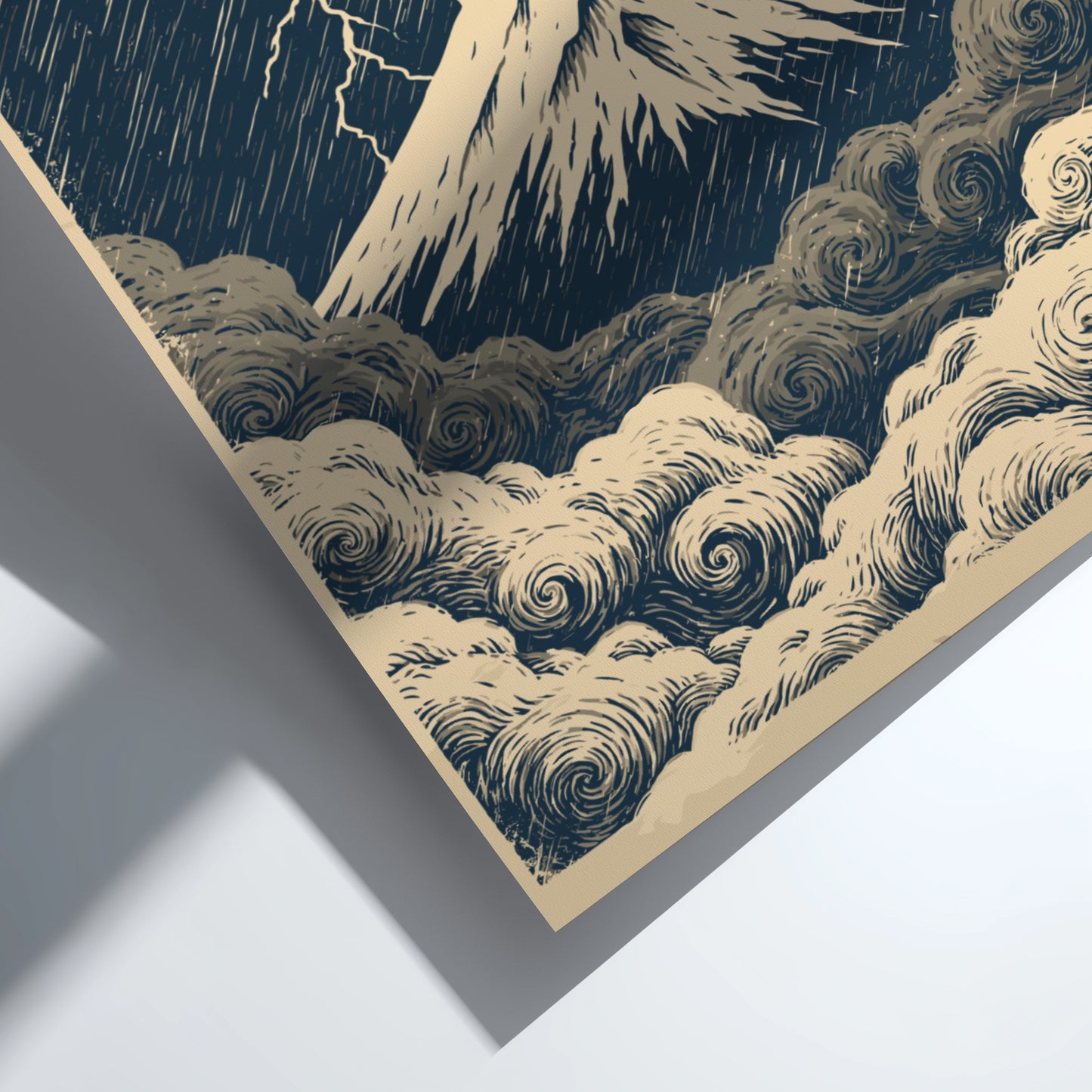 Japanese art style poster of Mount Fuji during a storm with lightning and dark clouds.