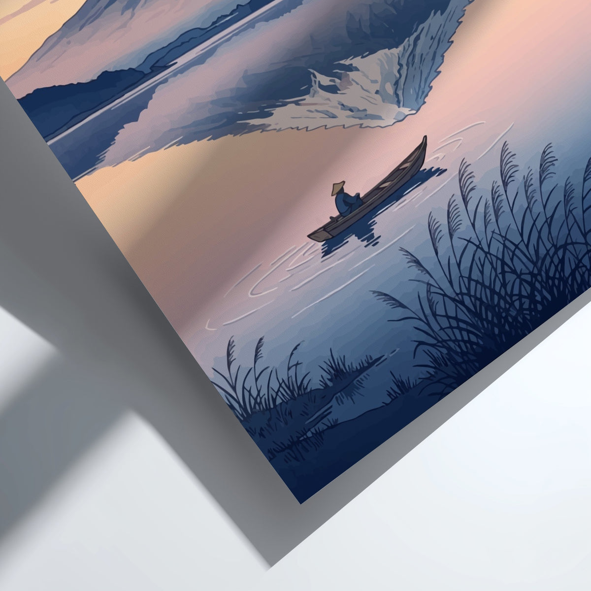 Poster featuring Mount Fuji reflecting on a calm lake with a boat at dawn.