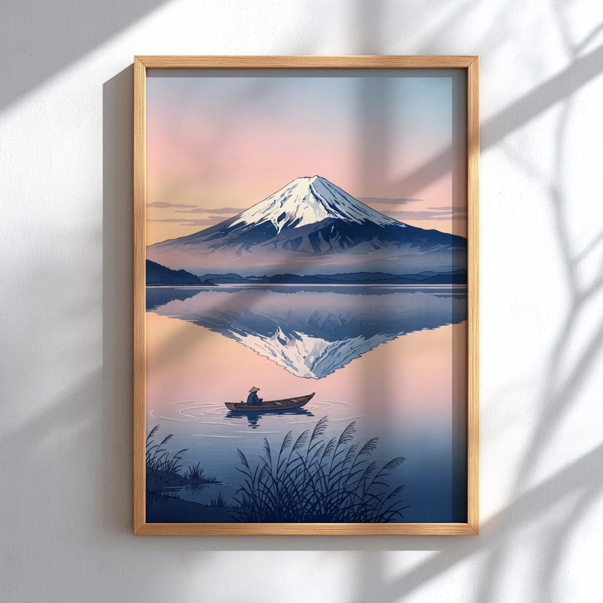 Poster featuring Mount Fuji reflecting on a calm lake with a boat at dawn.
