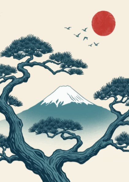 Poster featuring Mount Fuji behind pine tree branches with a red sun above.