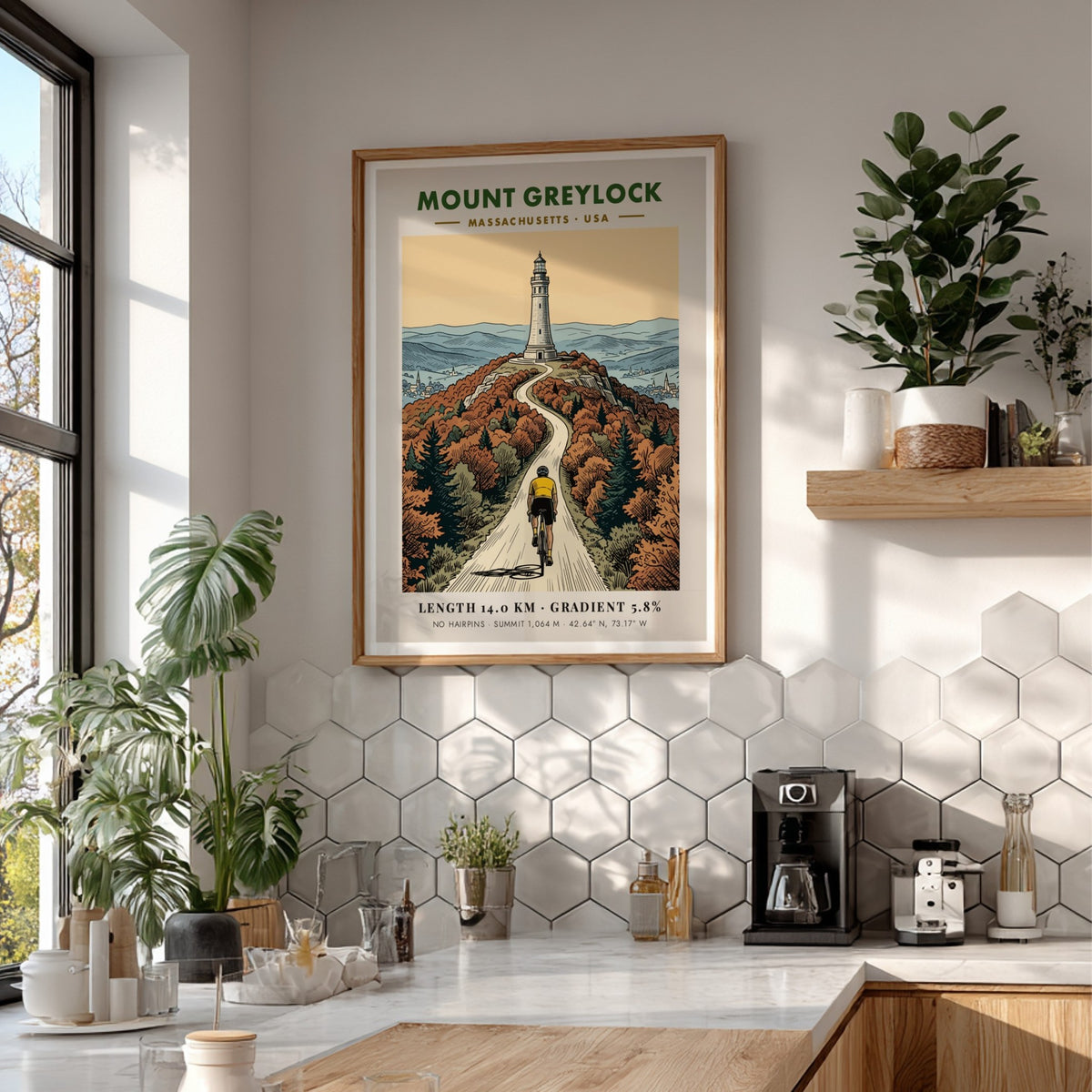 Poster showing a cyclist riding toward the Mount Greylock lighthouse in Massachusetts autumn colors.