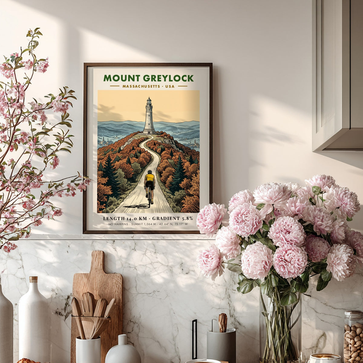 Poster showing a cyclist riding toward the Mount Greylock lighthouse in Massachusetts autumn colors.