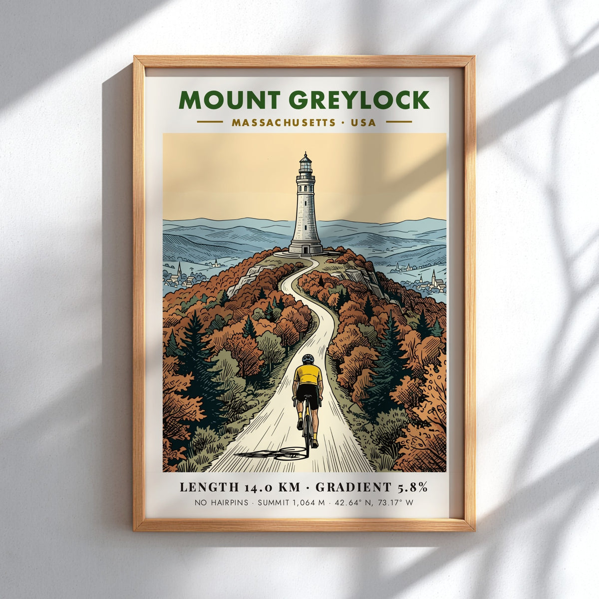 Poster showing a cyclist riding toward the Mount Greylock lighthouse in Massachusetts autumn colors.