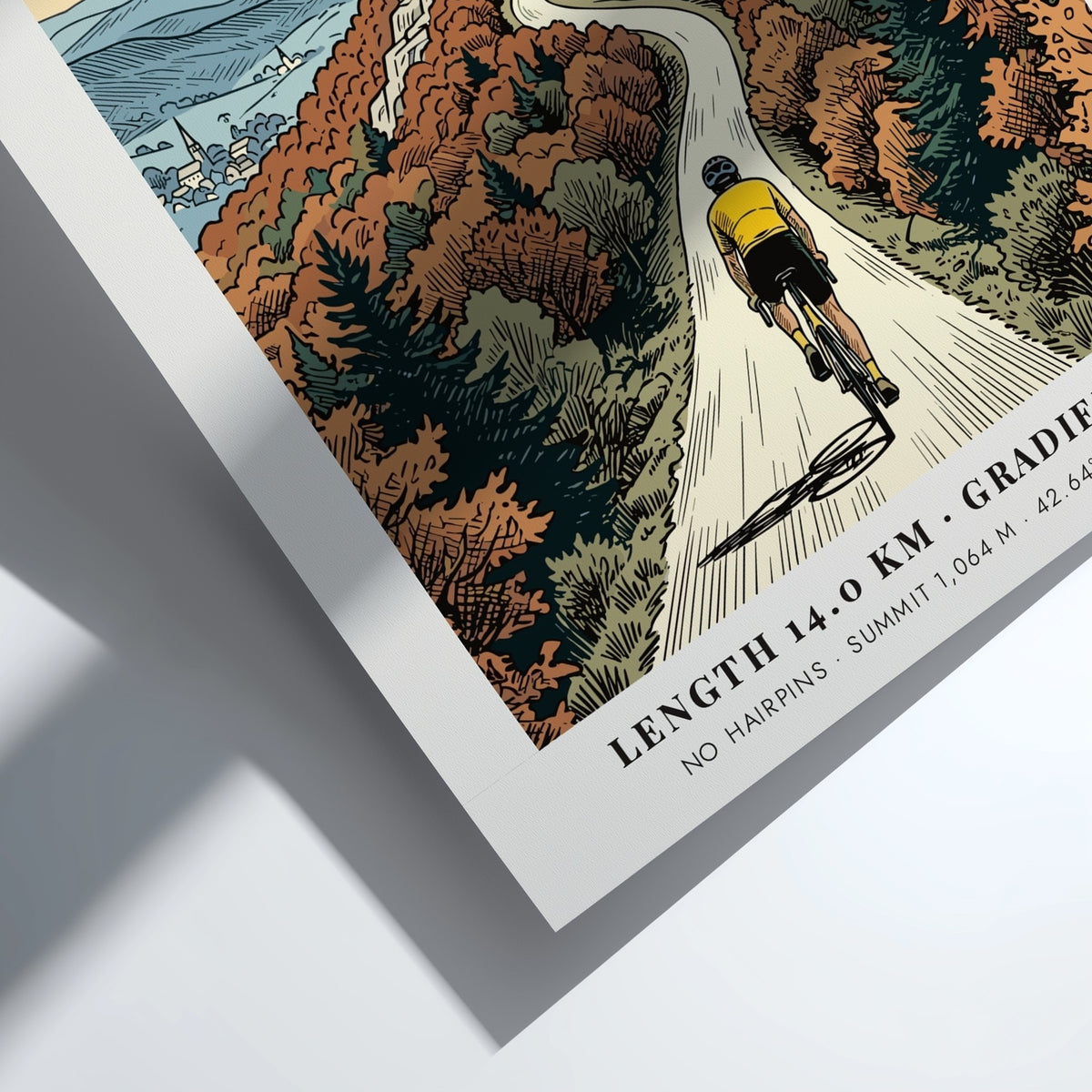 Poster showing a cyclist riding toward the Mount Greylock lighthouse in Massachusetts autumn colors.