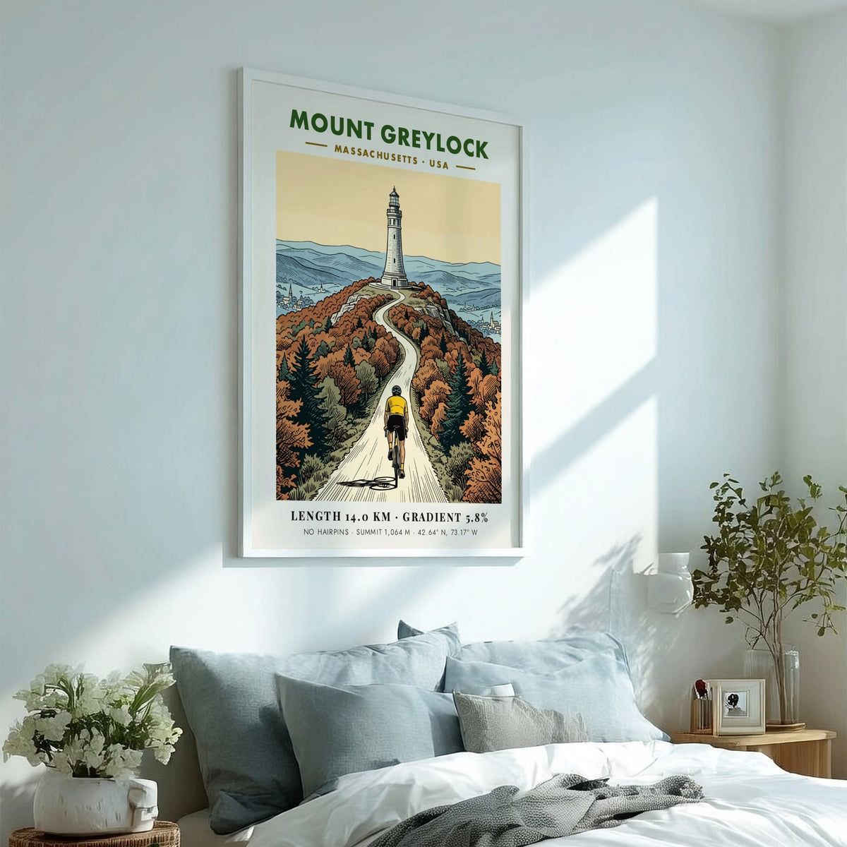 Poster showing a cyclist riding toward the Mount Greylock lighthouse in Massachusetts autumn colors.