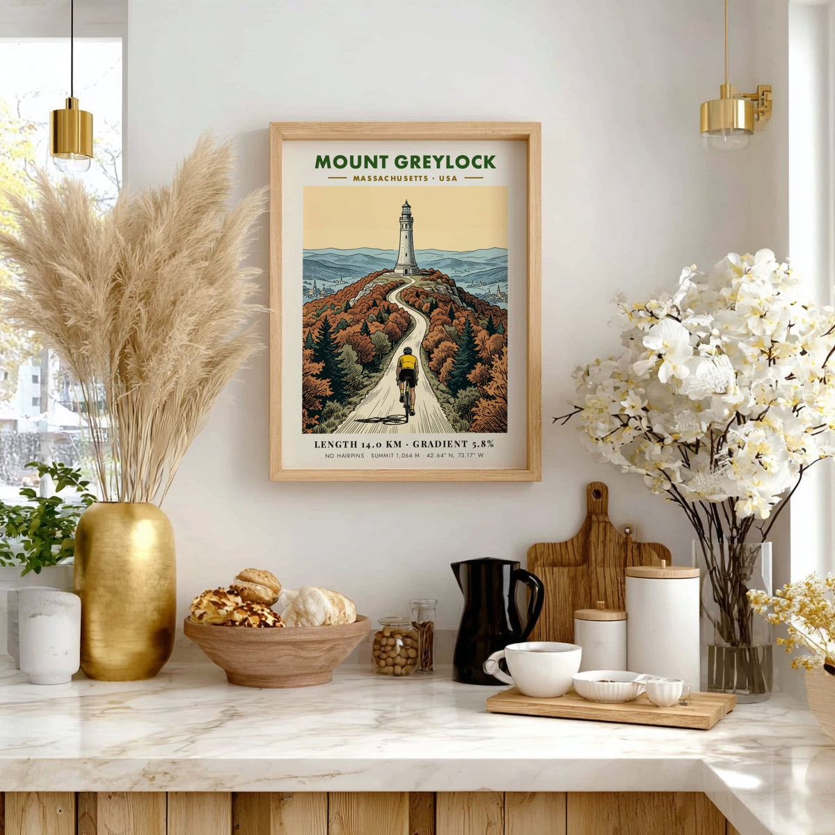 Poster showing a cyclist riding toward the Mount Greylock lighthouse in Massachusetts autumn colors.