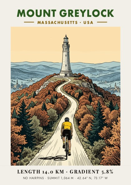 Poster showing a cyclist riding toward the Mount Greylock lighthouse in Massachusetts autumn colors.