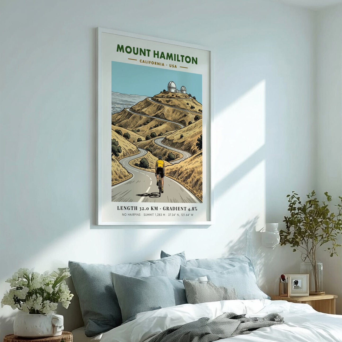 Poster of a cyclist climbing a winding mountain road toward Mount Hamilton observatory domes.