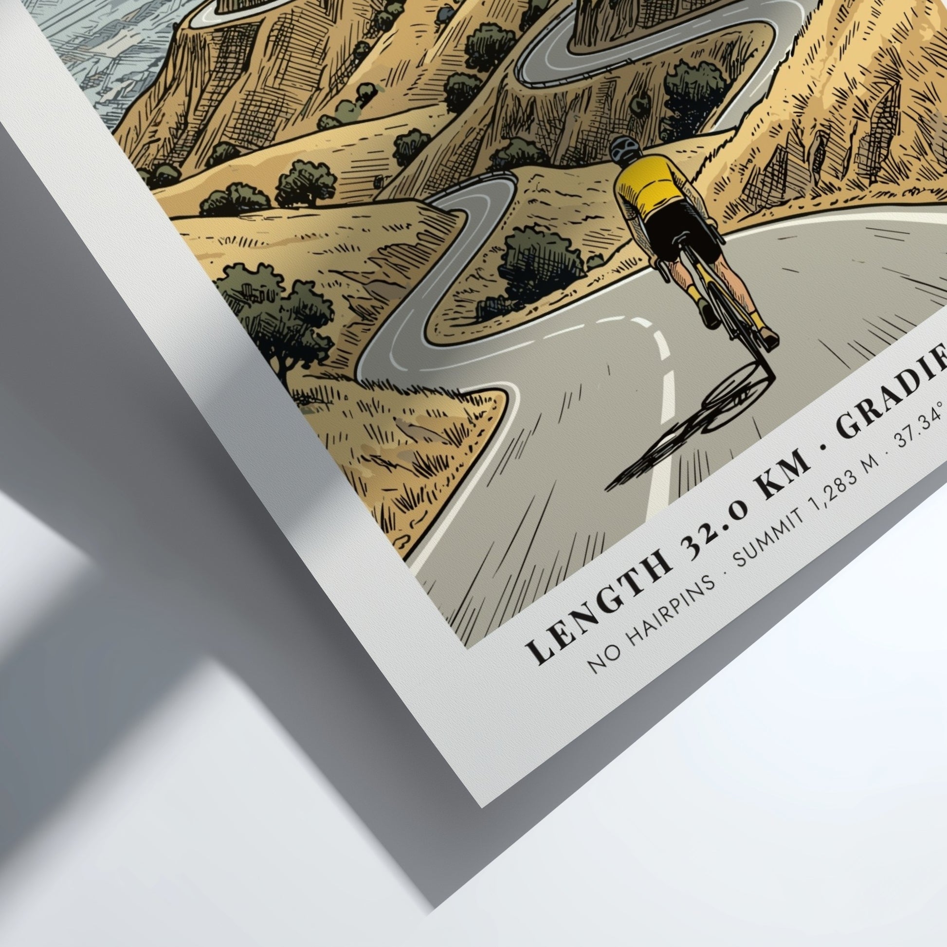 Poster of a cyclist climbing a winding mountain road toward Mount Hamilton observatory domes.
