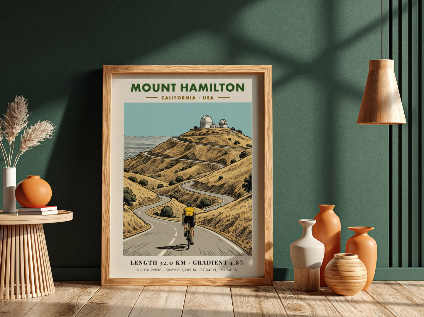 Poster of a cyclist climbing a winding mountain road toward Mount Hamilton observatory domes.