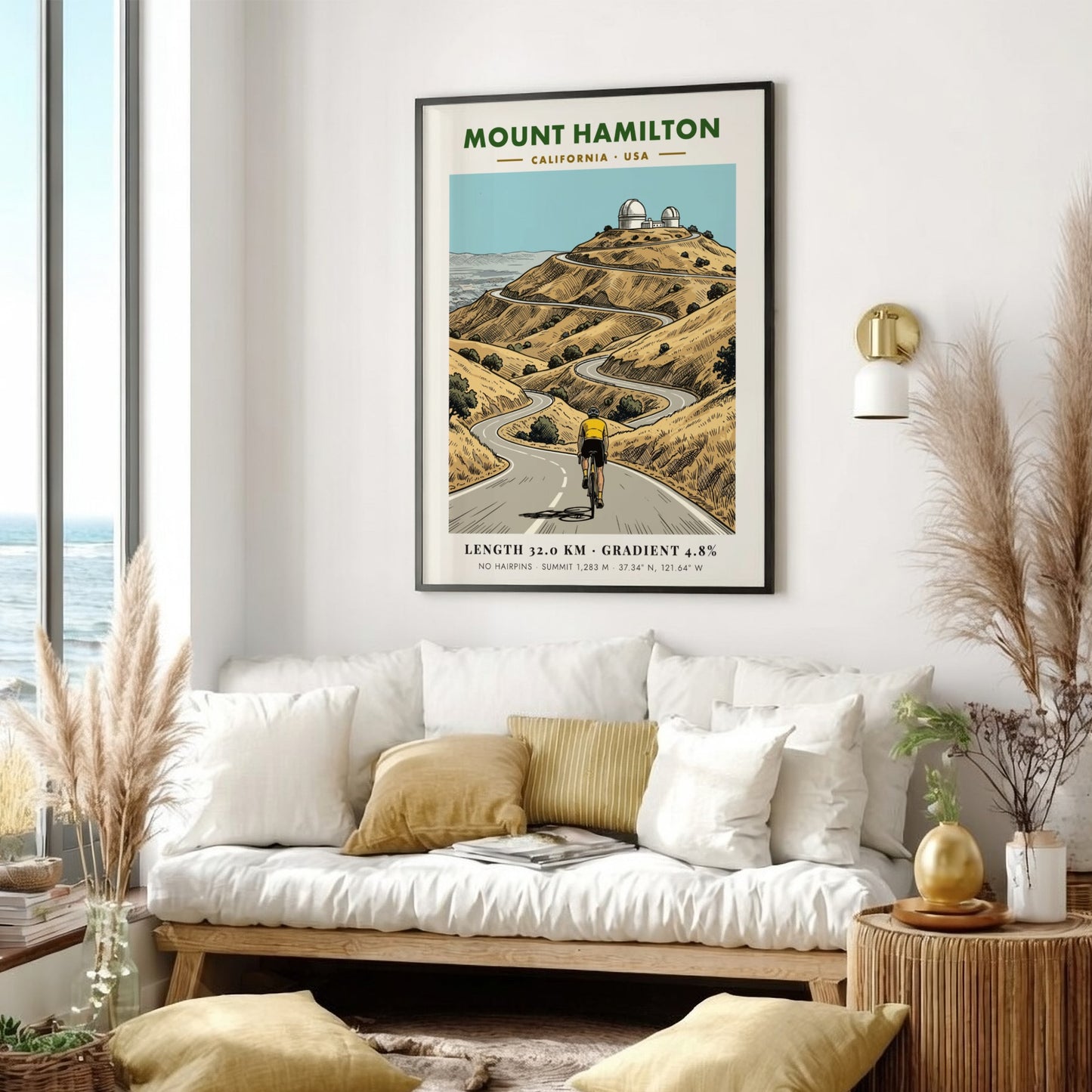 Poster of a cyclist climbing a winding mountain road toward Mount Hamilton observatory domes.