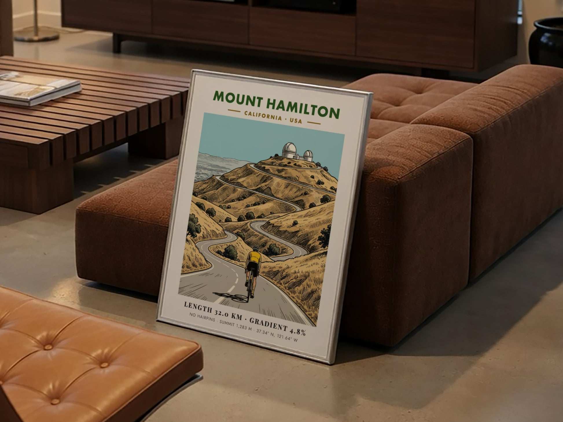 Poster of a cyclist climbing a winding mountain road toward Mount Hamilton observatory domes.
