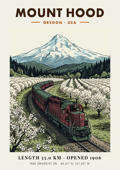 Poster of a red train passing through a blossoming orchard under Mount Hood.