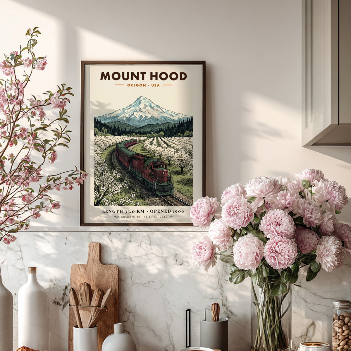 Poster of a red train passing through a blossoming orchard under Mount Hood.