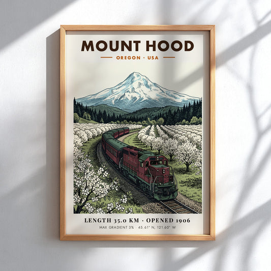 Poster of a red train passing through a blossoming orchard under Mount Hood.