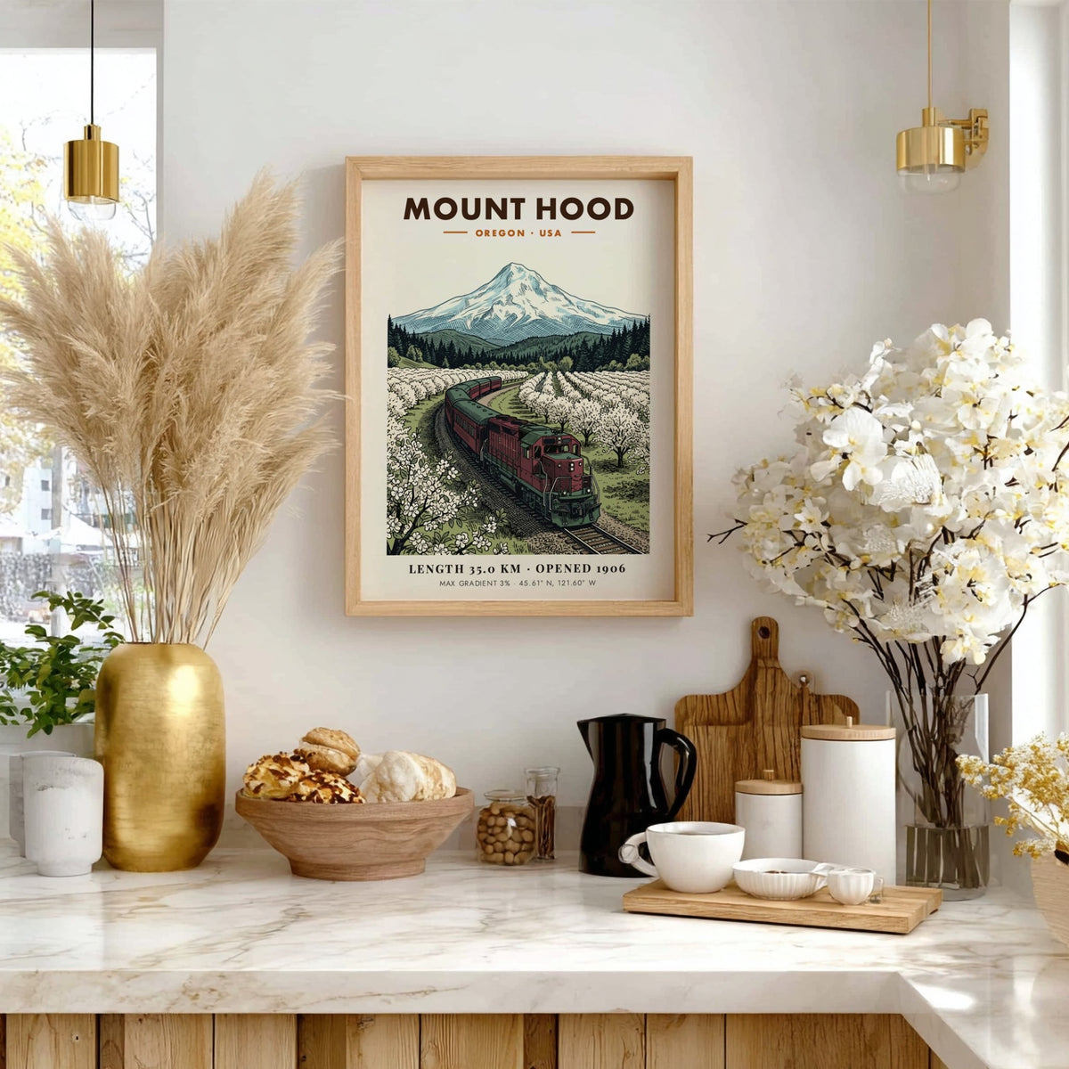 Poster of a red train passing through a blossoming orchard under Mount Hood.