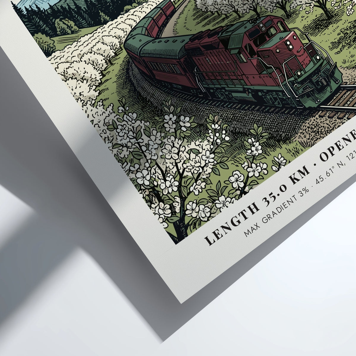 Poster of a red train passing through a blossoming orchard under Mount Hood.