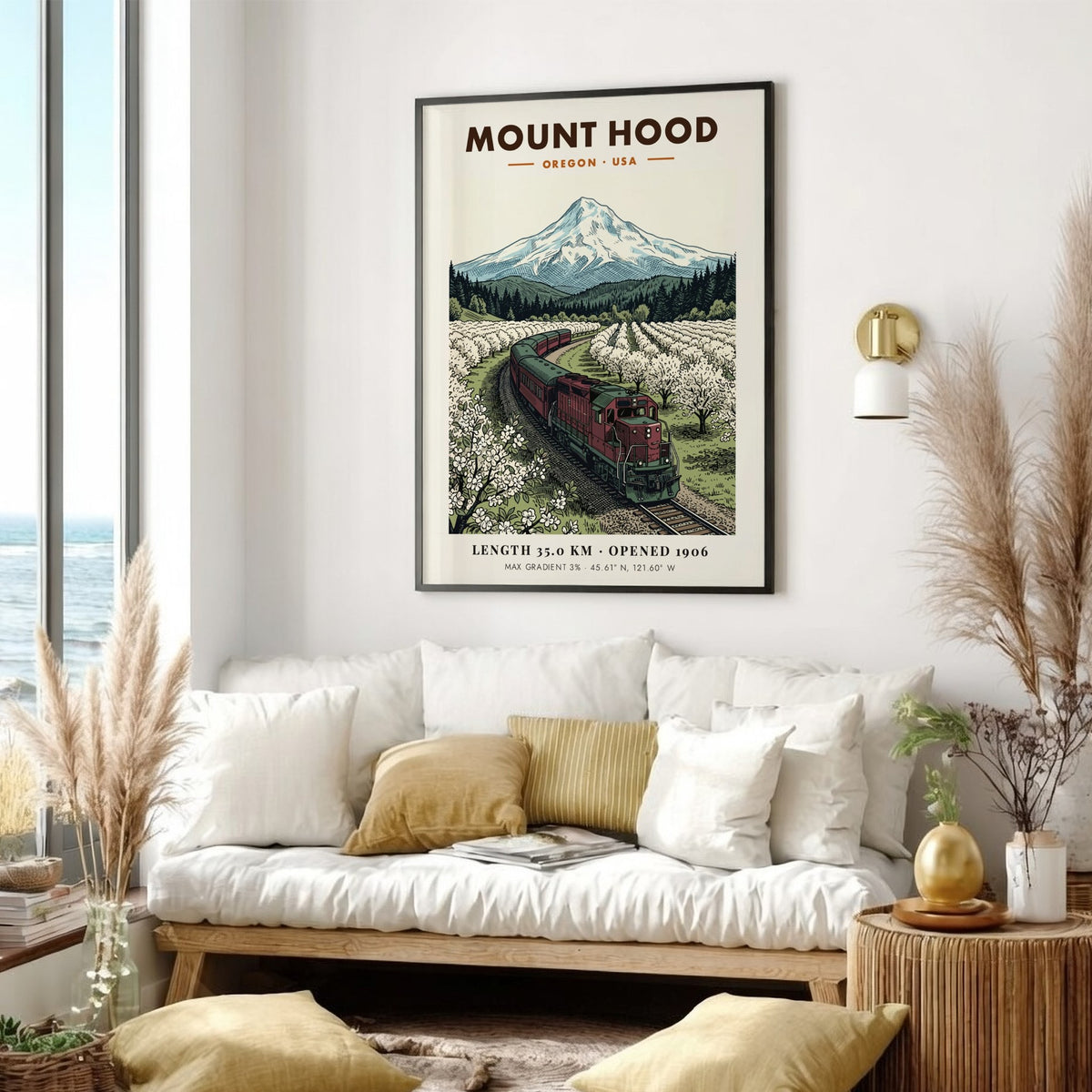 Poster of a red train passing through a blossoming orchard under Mount Hood.