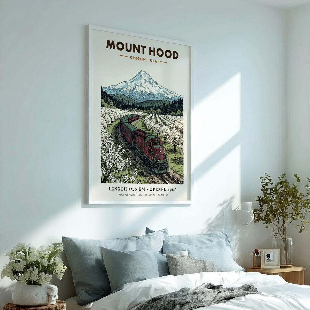 Poster of a red train passing through a blossoming orchard under Mount Hood.