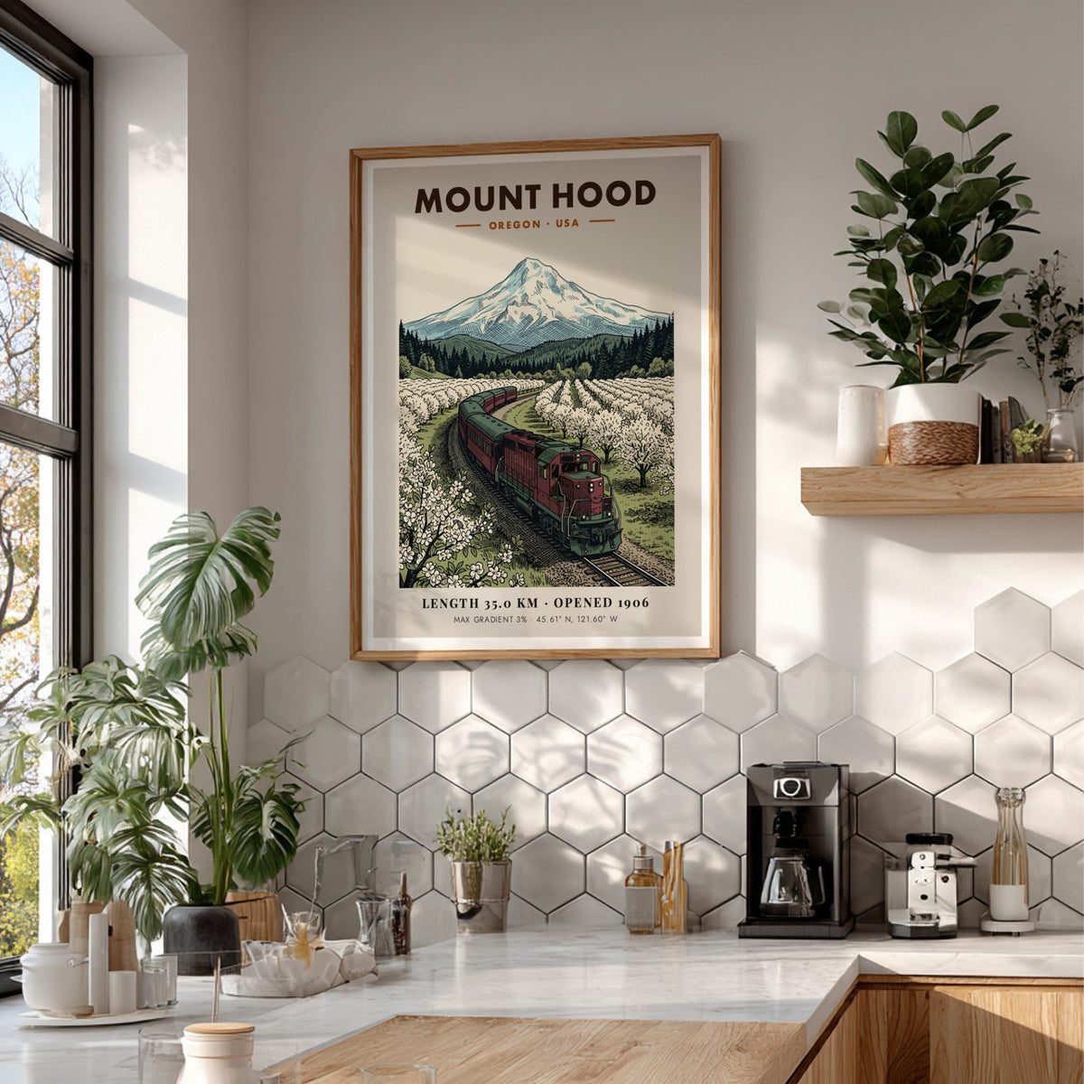 Poster of a red train passing through a blossoming orchard under Mount Hood.