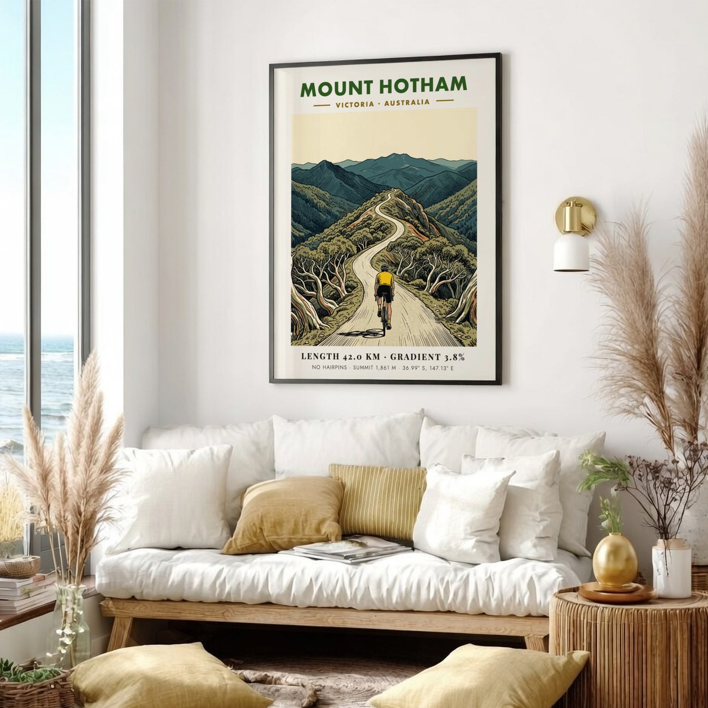 Poster of a cyclist riding up the winding Mount Hotham road in Victoria.