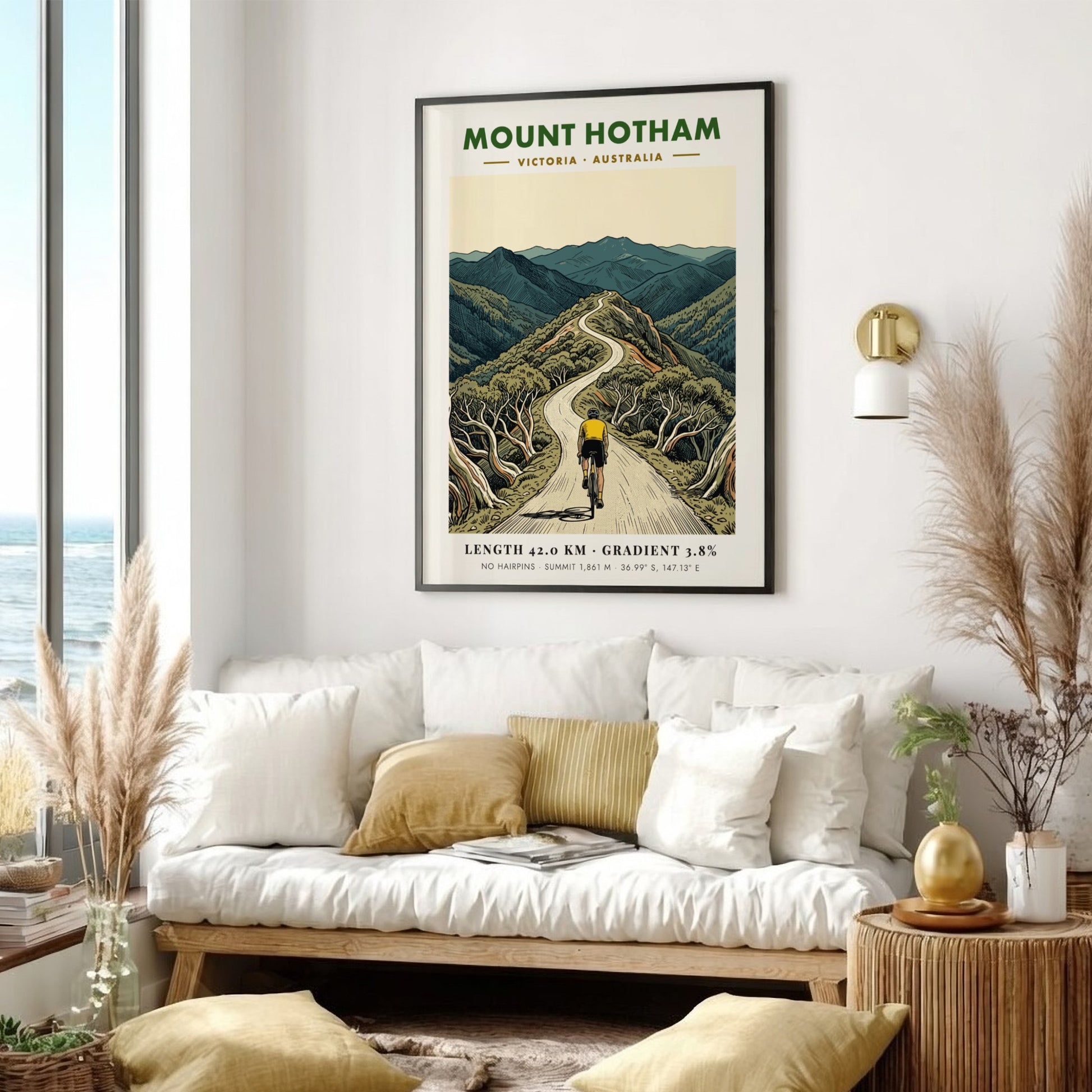 Poster of a cyclist riding up the winding Mount Hotham road in Victoria.
