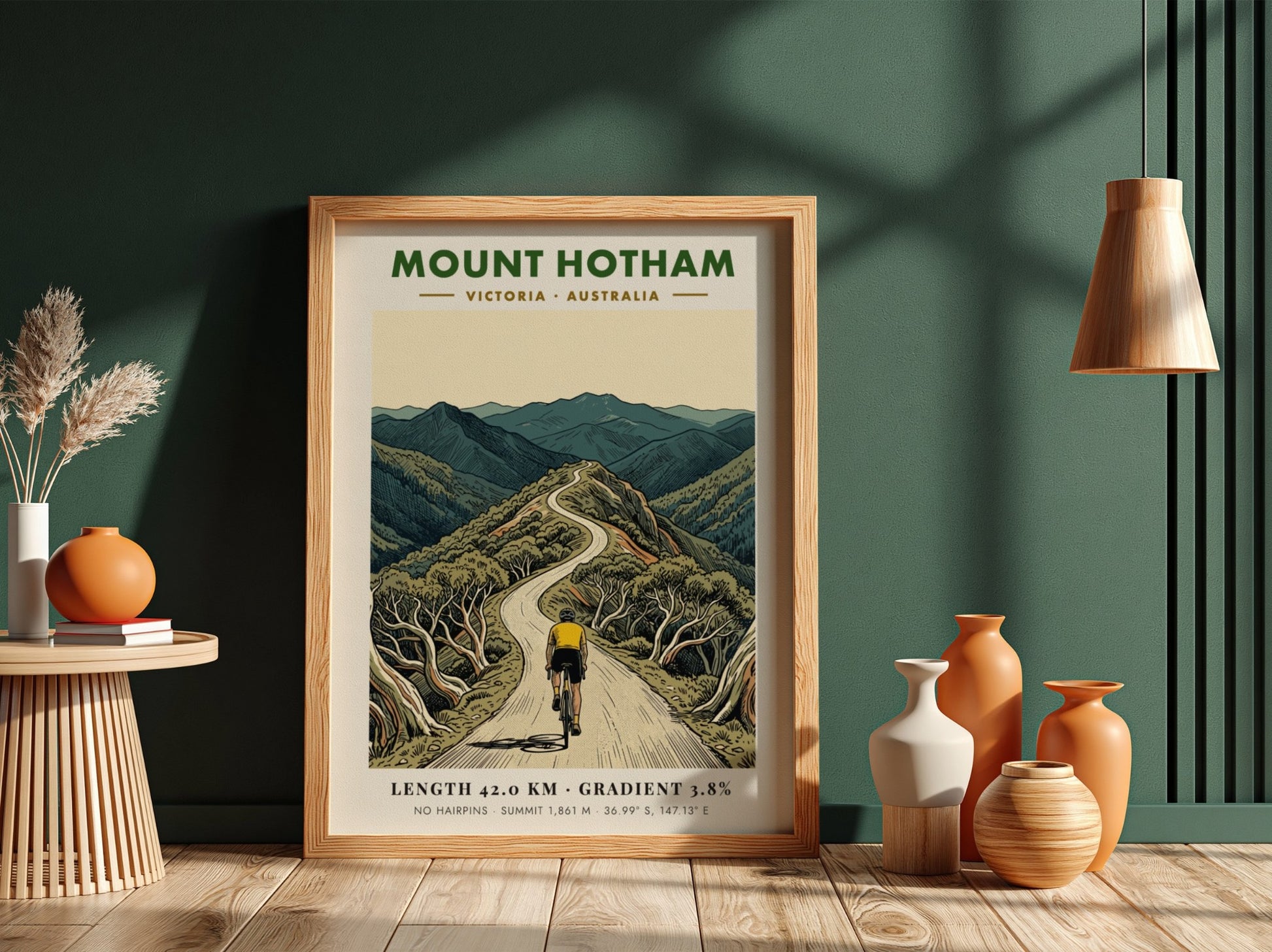 Poster of a cyclist riding up the winding Mount Hotham road in Victoria.