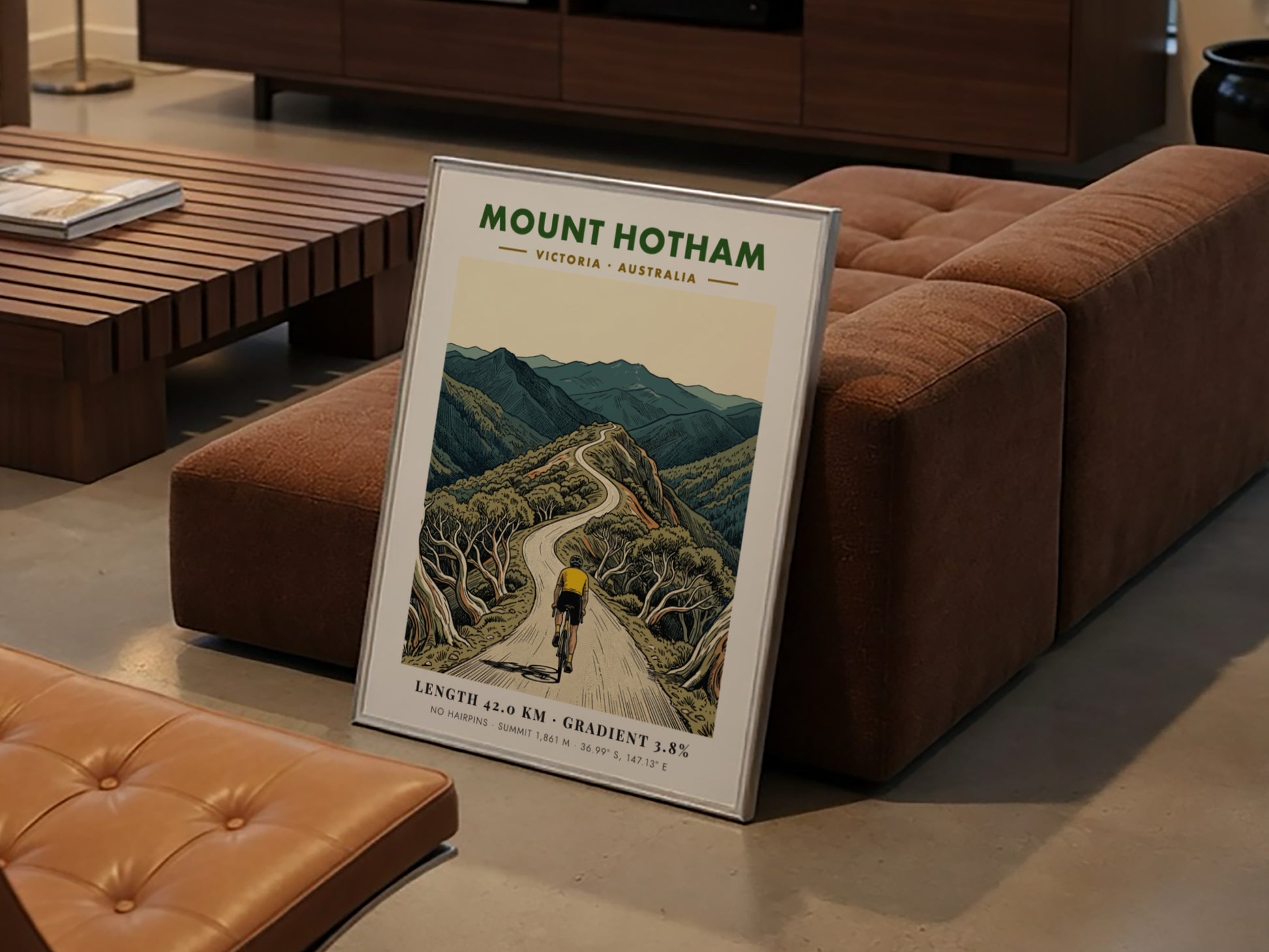 Poster of a cyclist riding up the winding Mount Hotham road in Victoria.