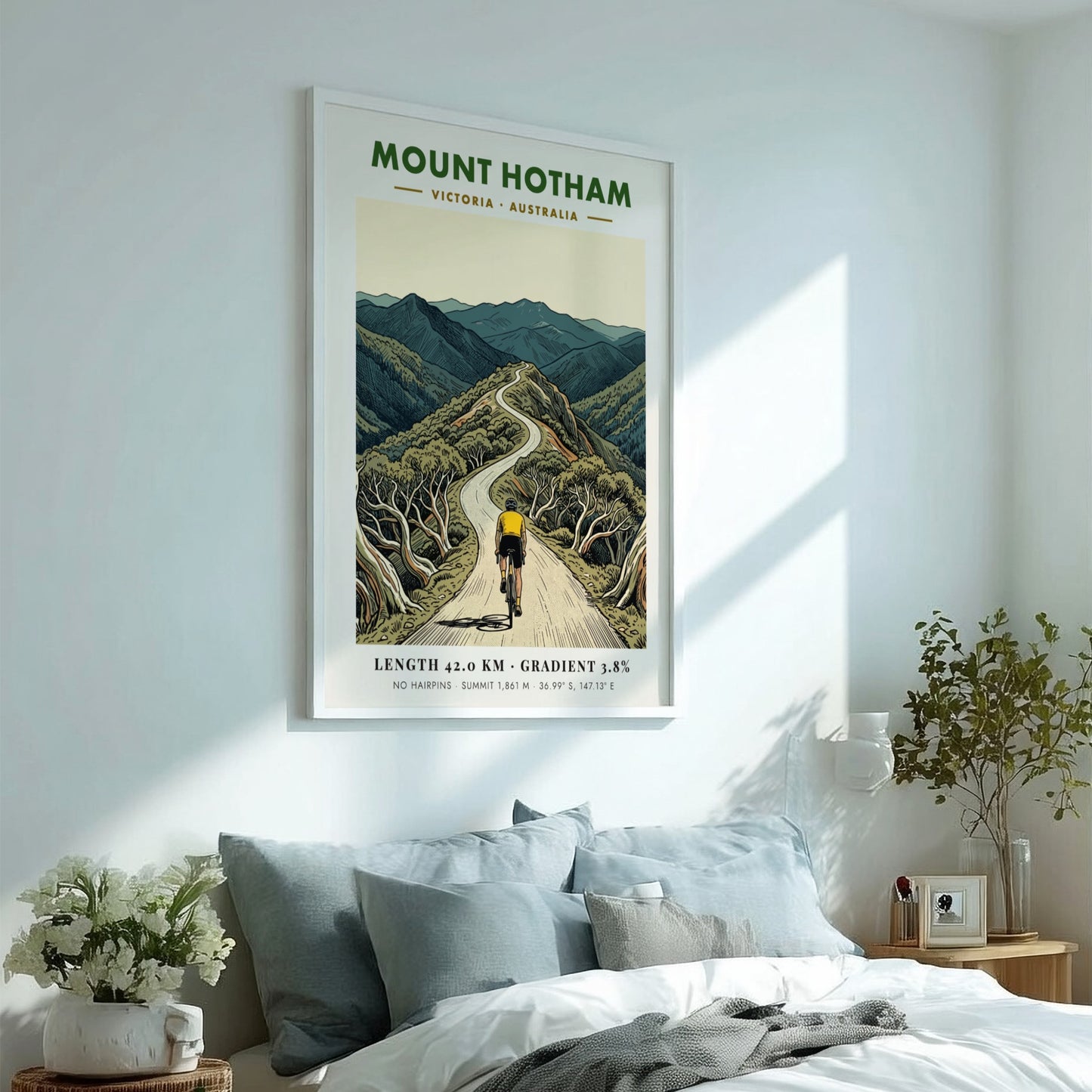 Poster of a cyclist riding up the winding Mount Hotham road in Victoria.