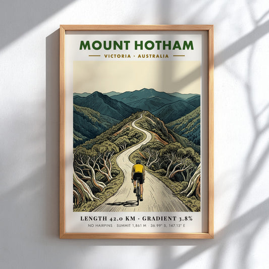 Poster of a cyclist riding up the winding Mount Hotham road in Victoria.