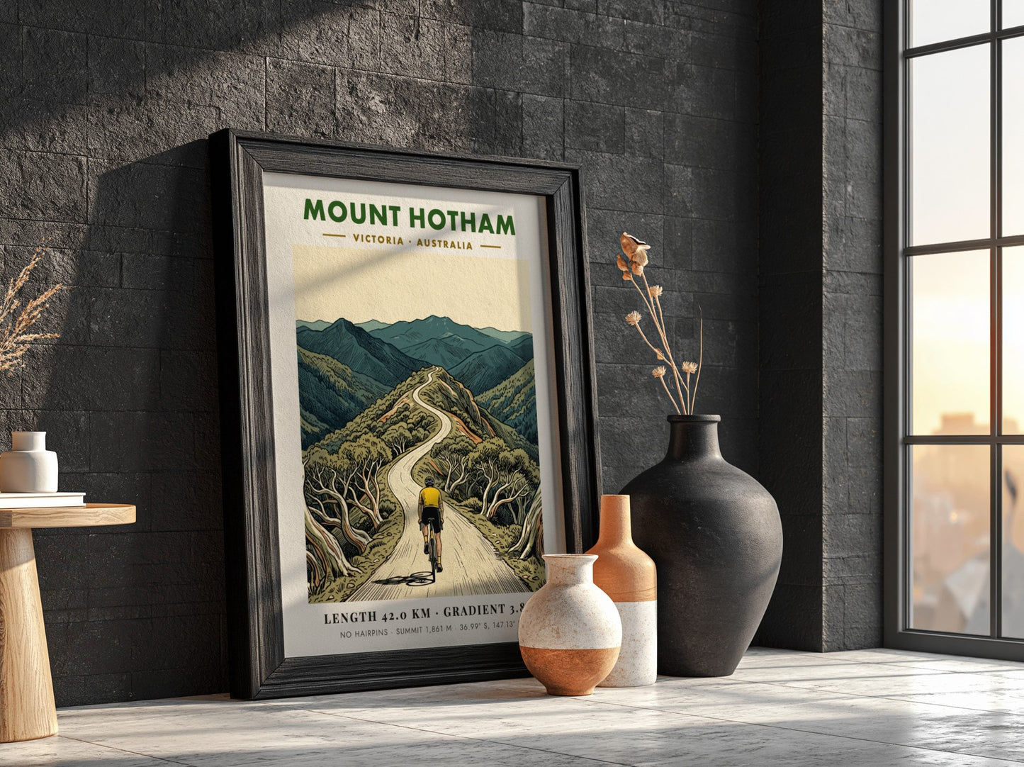 Poster of a cyclist riding up the winding Mount Hotham road in Victoria.