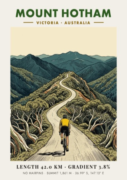 Poster of a cyclist riding up the winding Mount Hotham road in Victoria.