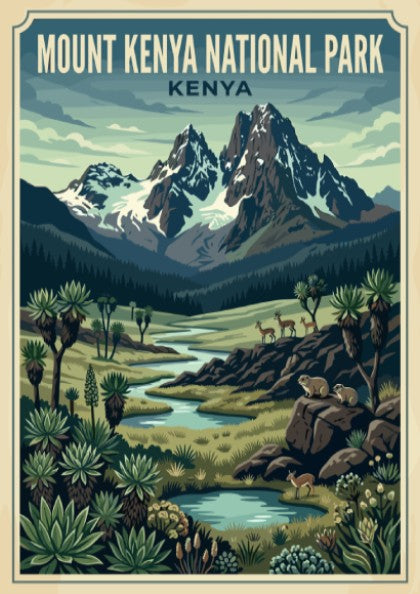 Mount Kenya National Park poster featuring mountains, greenery, and a river in vibrant colors, perfect for