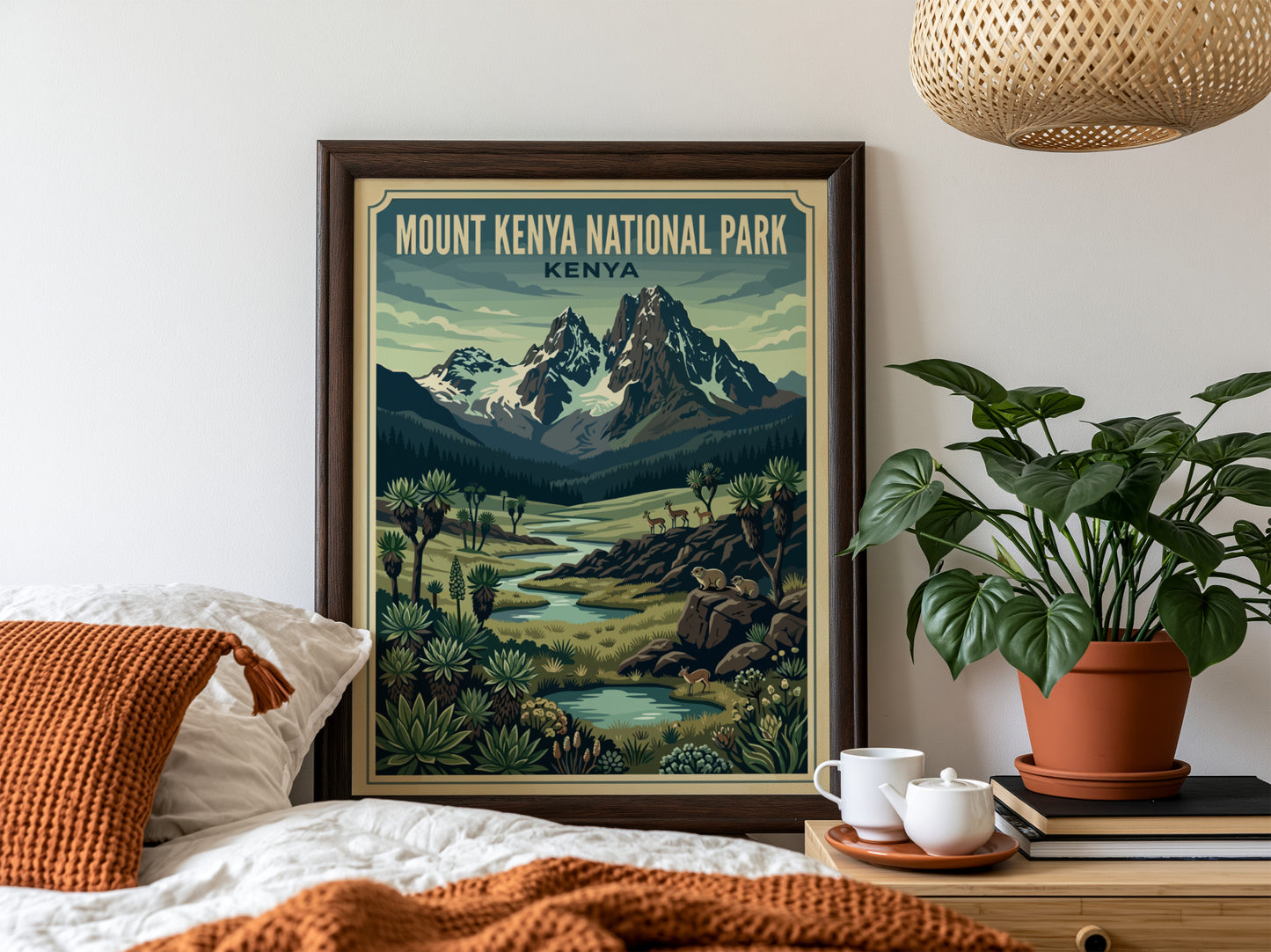 Mount Kenya National Park poster featuring mountains, greenery, and a river in vibrant colors, perfect for