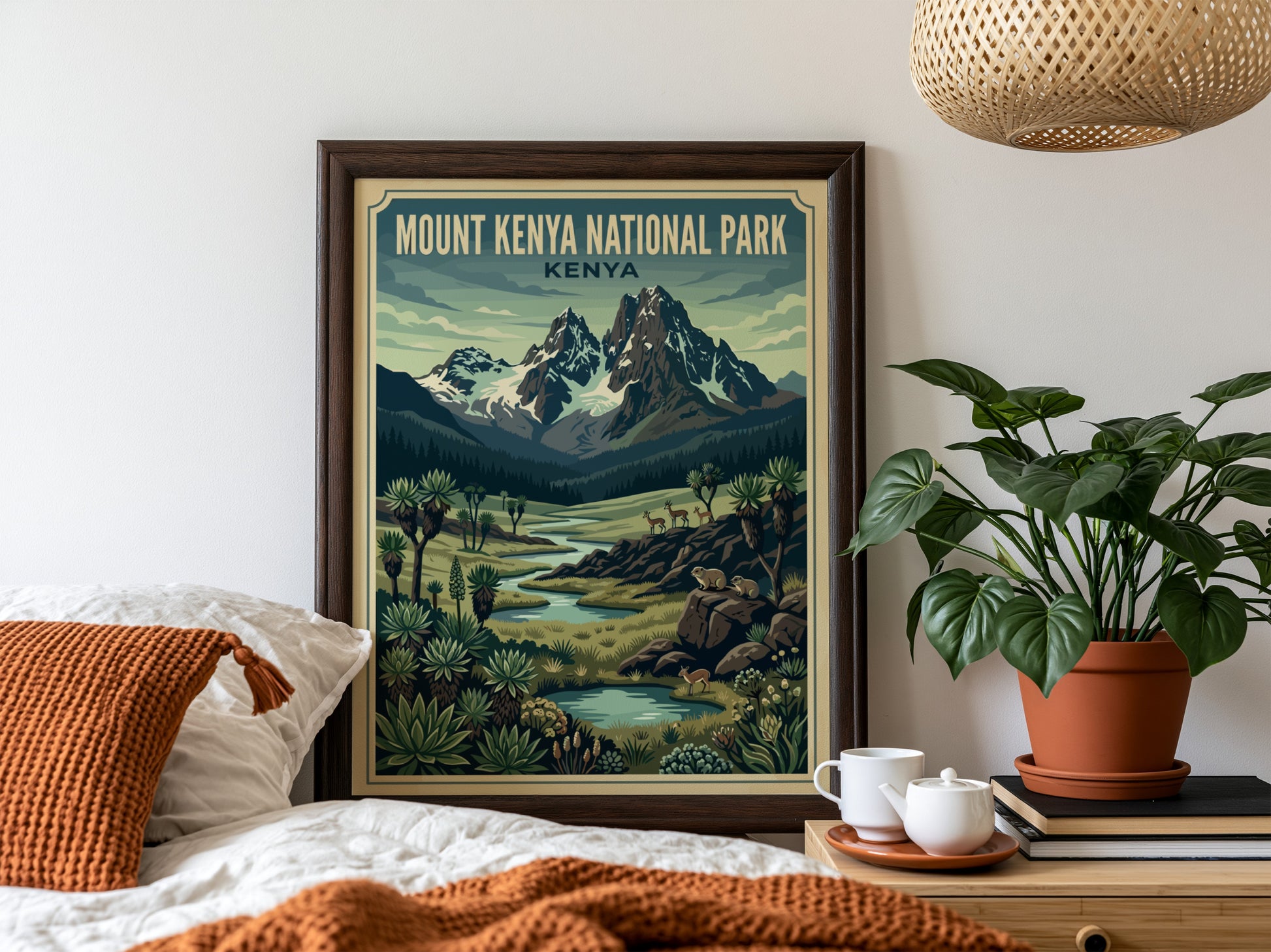Mount Kenya National Park poster featuring mountains, greenery, and a river in vibrant colors, perfect for