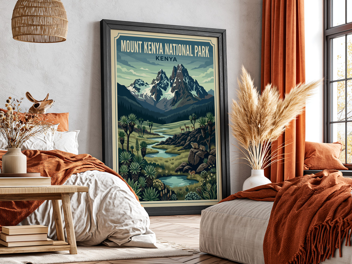 Mount Kenya National Park poster featuring mountains, greenery, and a river in vibrant colors, perfect for