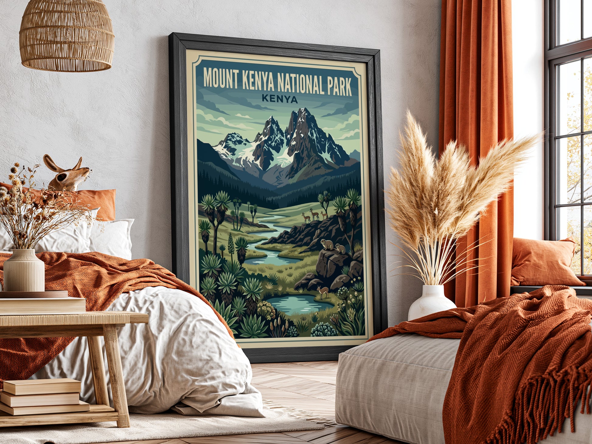 Mount Kenya National Park poster featuring mountains, greenery, and a river in vibrant colors, perfect for