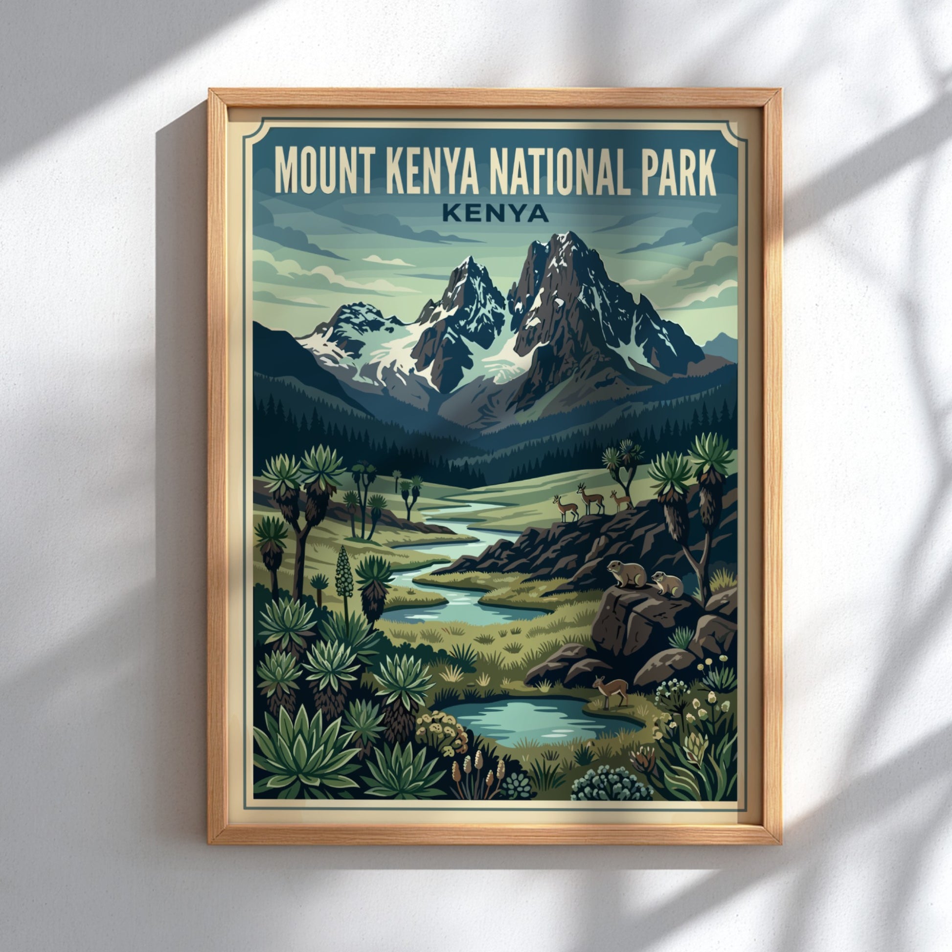 Mount Kenya National Park poster featuring mountains, greenery, and a river in vibrant colors, perfect for