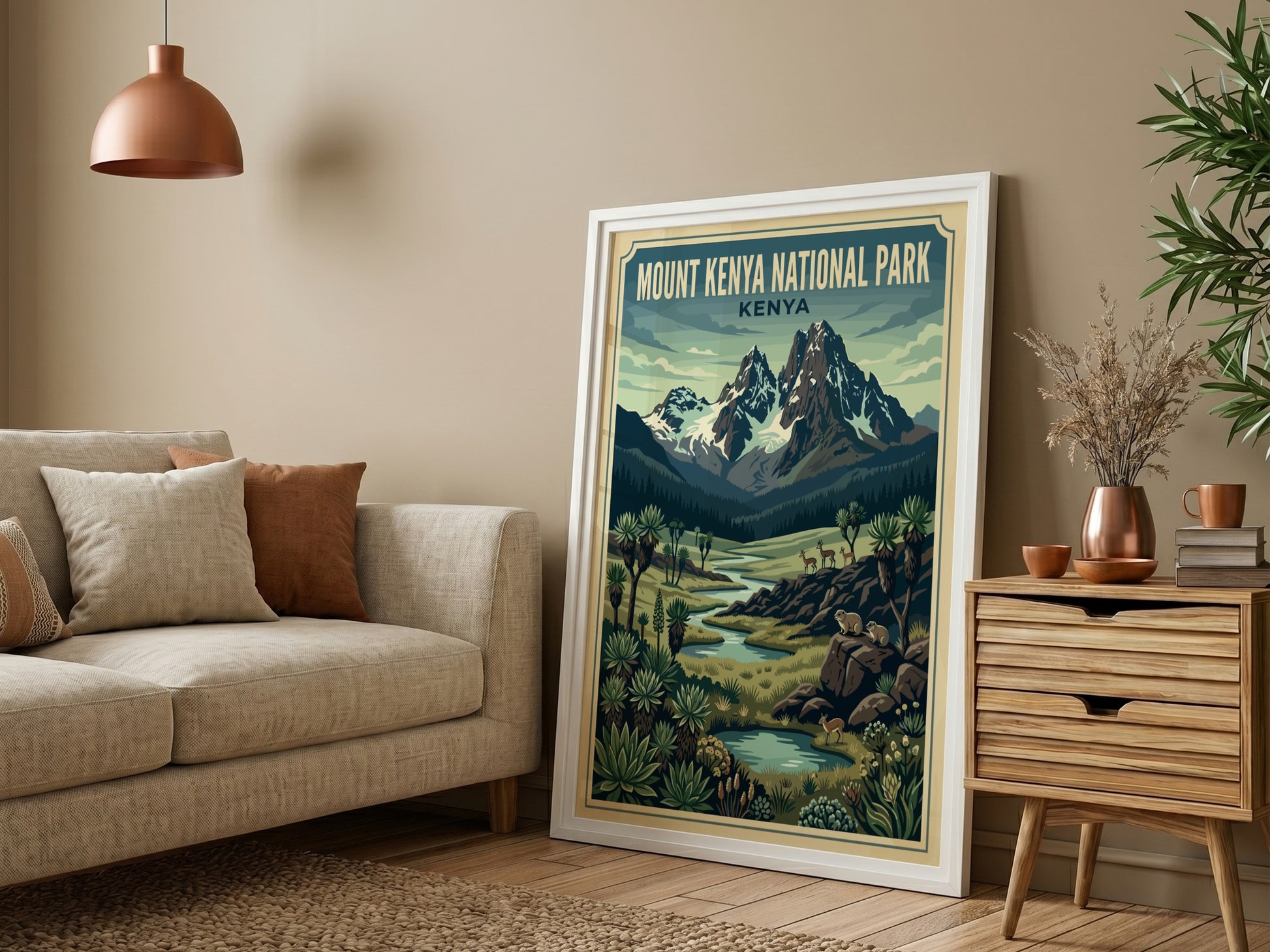 Mount Kenya National Park poster featuring mountains, greenery, and a river in vibrant colors, perfect for