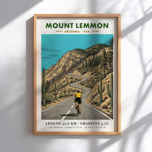 Poster of a cyclist climbing the winding Mount Lemmon road in Arizona with cacti.