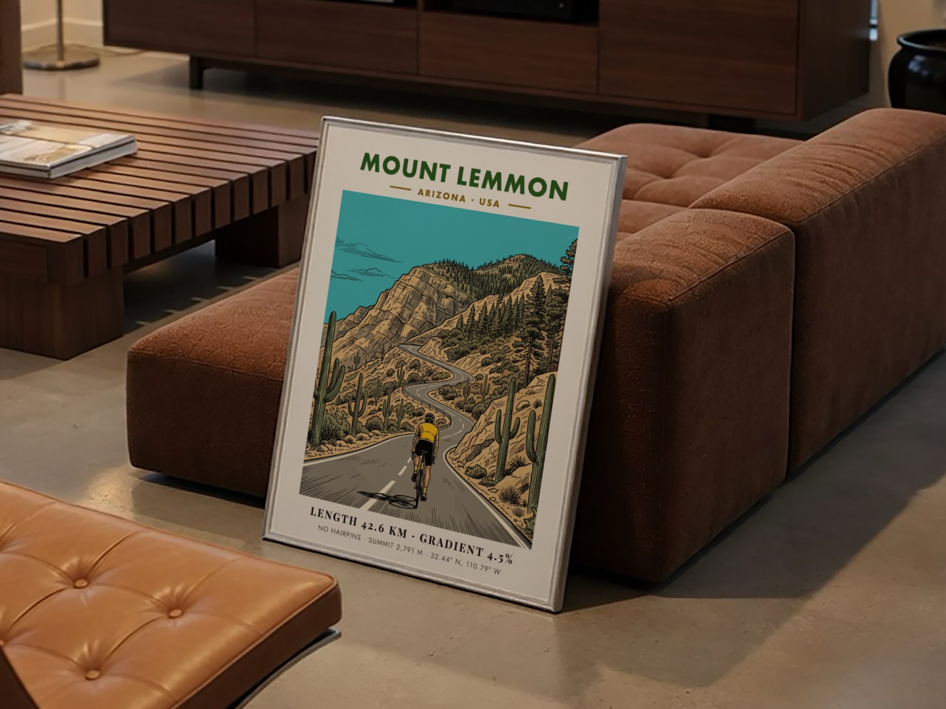 Poster of a cyclist climbing the winding Mount Lemmon road in Arizona with cacti.
