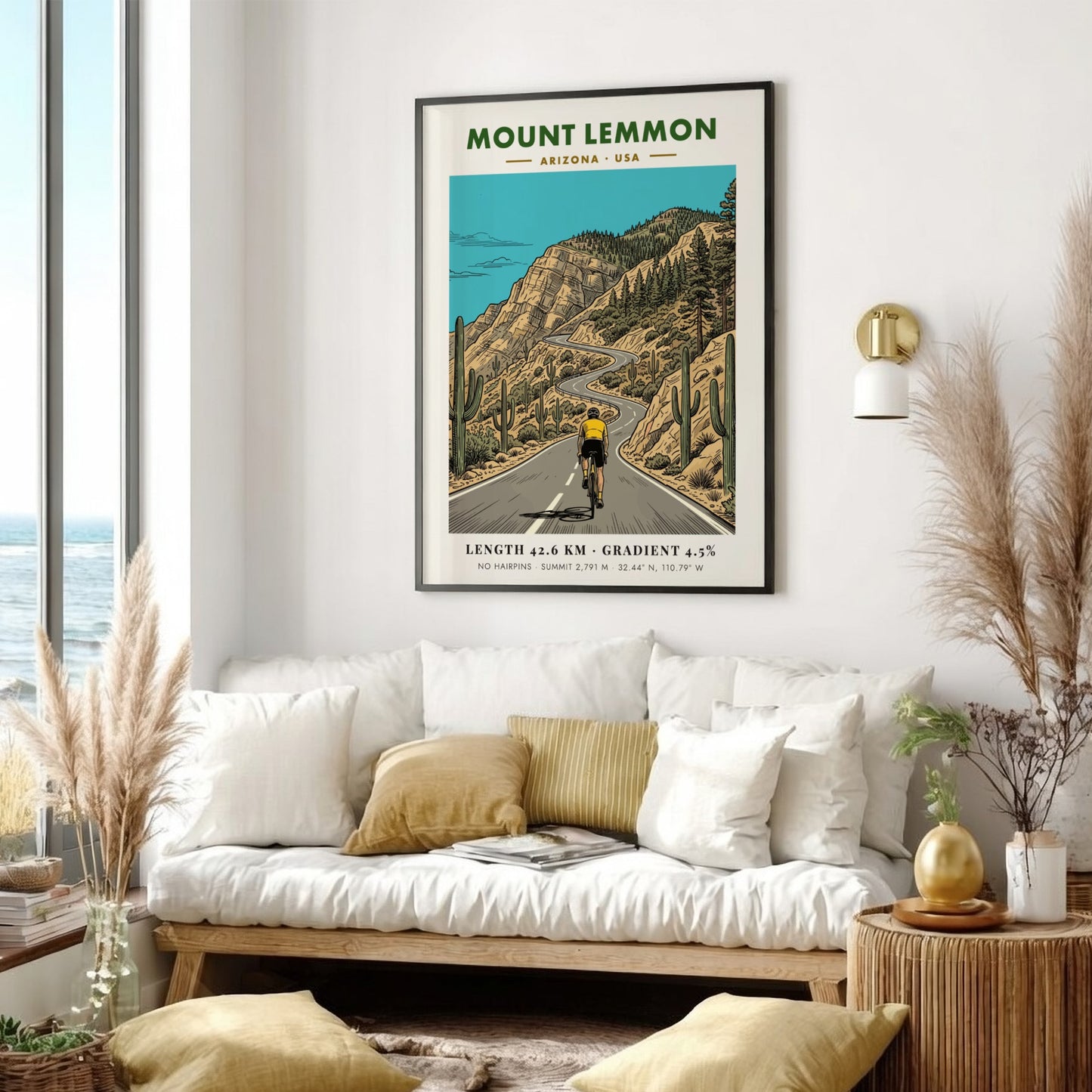 Poster of a cyclist climbing the winding Mount Lemmon road in Arizona with cacti.