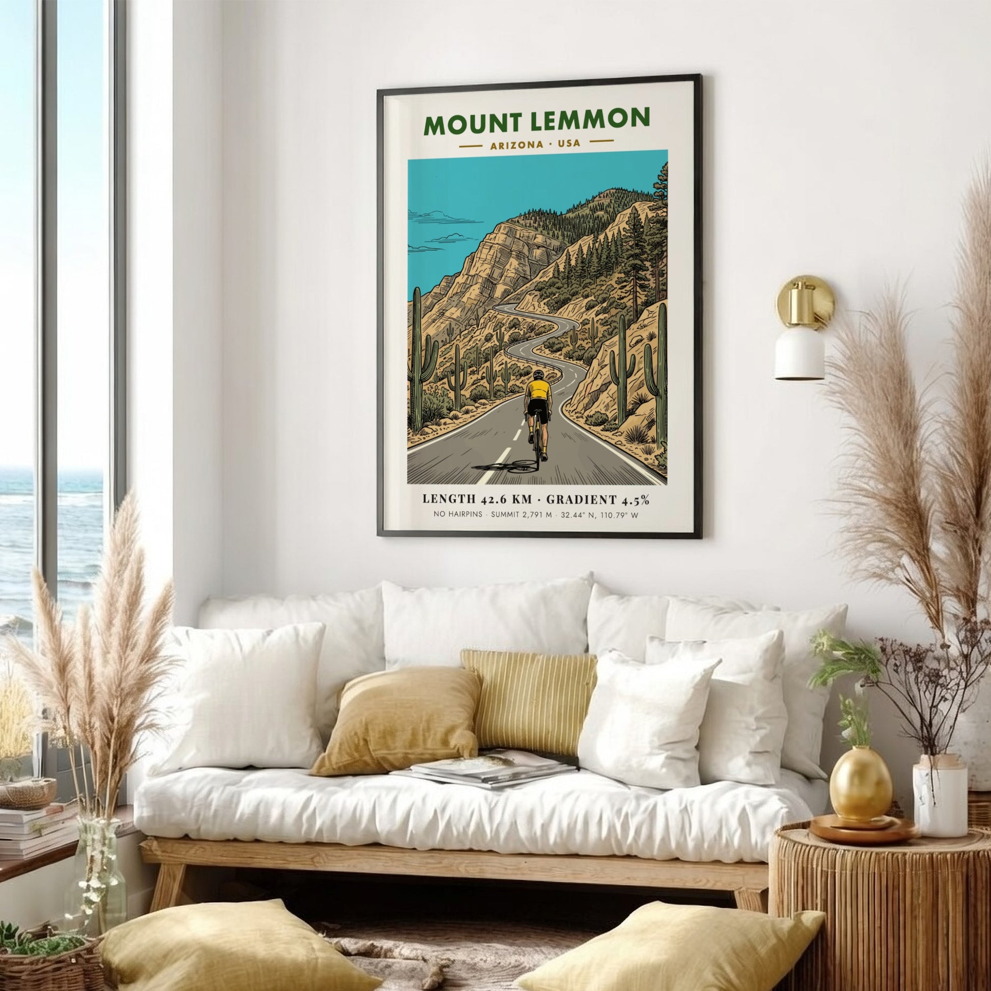 Poster of a cyclist climbing the winding Mount Lemmon road in Arizona with cacti.