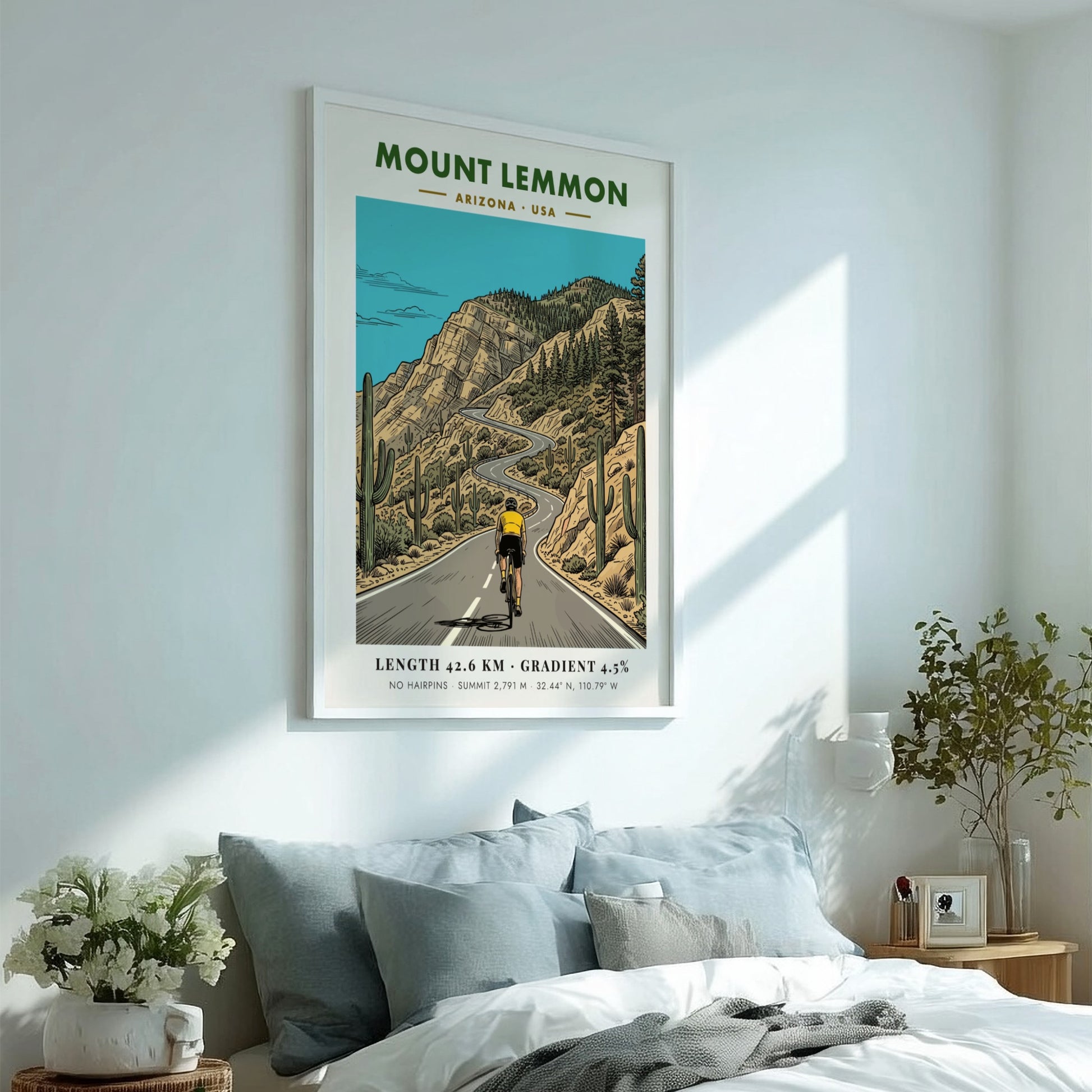 Poster of a cyclist climbing the winding Mount Lemmon road in Arizona with cacti.