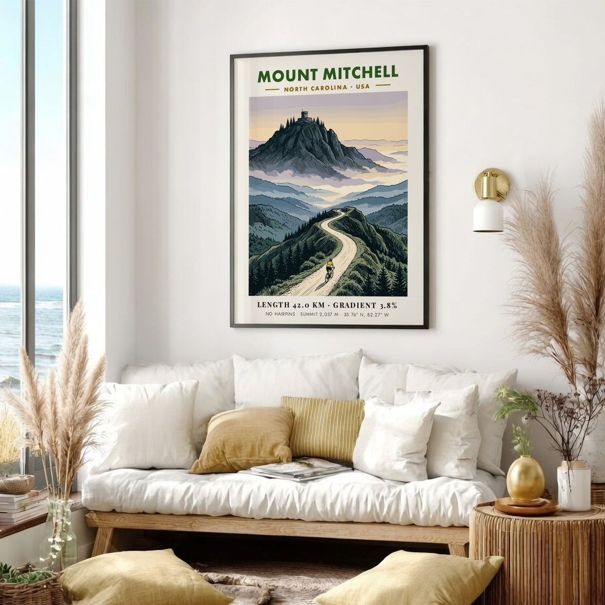 Poster of a cyclist climbing Mount Mitchell with a mountain observatory in the background.
