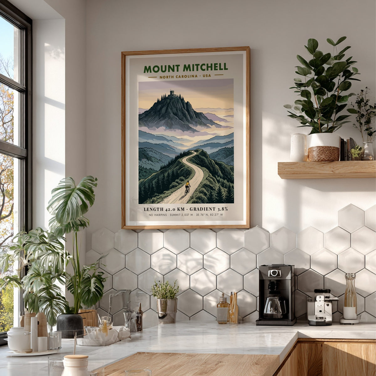 Poster of a cyclist climbing Mount Mitchell with a mountain observatory in the background.